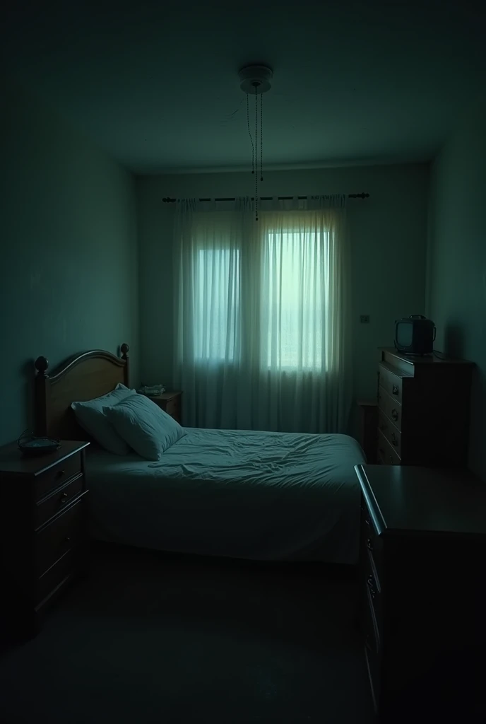 An eerie image of a bedroom low quality camera