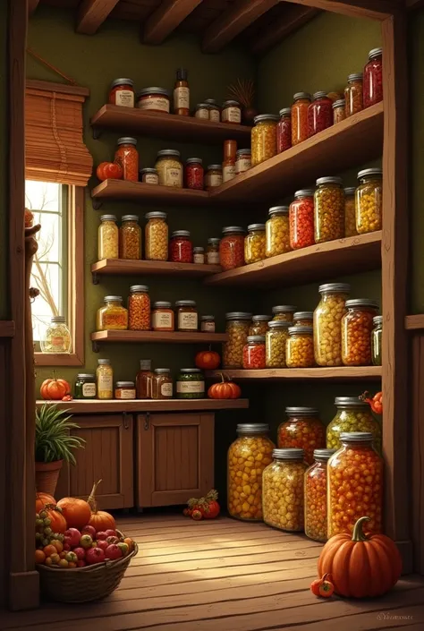  In the third picture ,  we notice a pantry full of autumn-specific products .  
 I will ask the ren questions :  
- " What you notice in this picture ?"  
( In the pantry are jars of jam , zucchini ,  pickles ,  compotes ,  and bags with various food for ...