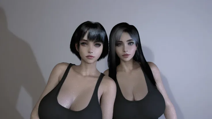 two women in black dresses posing for a picture in front of a wall, beautiful sci - fi twins, realistic female faces, realistic face and body hybrid, 3 d anime realistic, two girls, high detailed perfect faces, with fully detailed faces, smooth 3d cg rende...