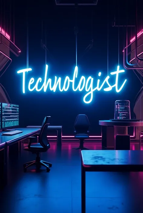 (Create a futuristic AI studio scene with an ultra-modern, high-tech aesthetic. The background should be filled with glowing neon lights in shades of electric blue, purple, and neon green. The studio is sleek and minimalistic, featuring dark metallic surfa...