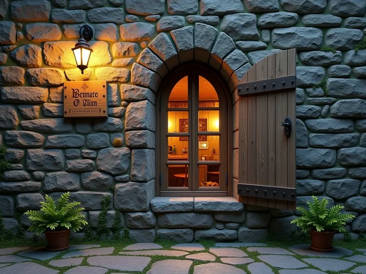 Create a rustic, medieval tavern exterior with a wall made of large, weathered stones in shades of gray, brown, and moss green, similar to the stone wall with the hanging wooden sign. In the center of the wall, add a narrow, arched window with wooden shutt...