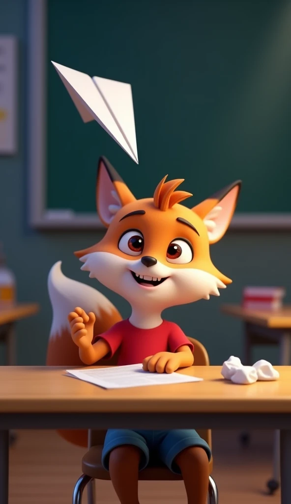 Create a image  of 3D animation cute baby fox, medium size brown hair wearing  a blue shorts and red t-shirt.  night image,  


"The fox sitting at a desk, mischievously throwing a paper airplane while . The fox looks playful, not focused on studies, and t...