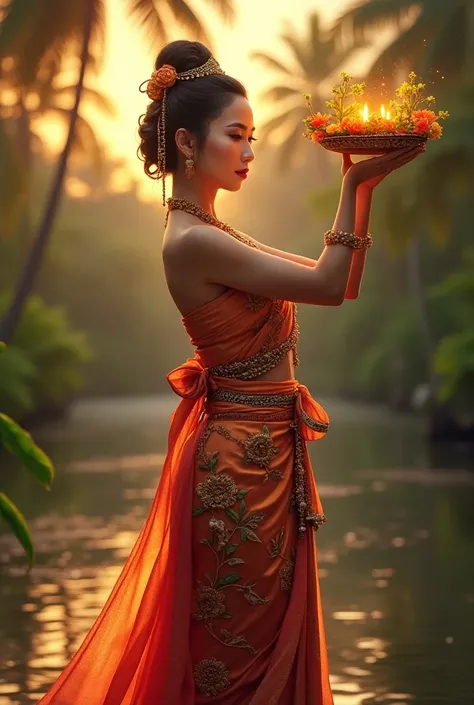 Woman wearing Thai costume holding a Krathong