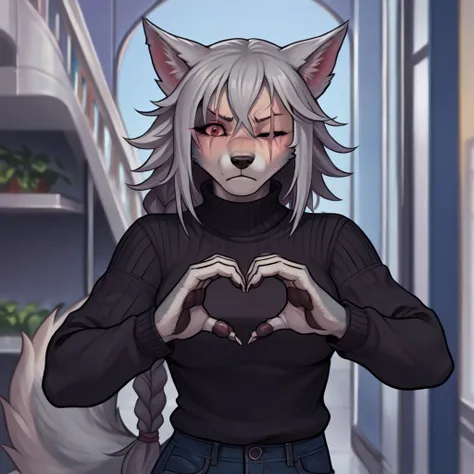 (zPDXL2), (PonyXLV6_Scores), source_anime, source_anthro, source_furry, Expressiveh, upper-body shot, asymmetric image, BREAK
lhata4564, female, standing, (long braid haircut silver hair, detailed body), solo, (female wolf, wolf girl, furry body, fluffy ta...