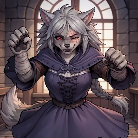 (zPDXL2), (PonyXLV6_Scores), source_anime, source_anthro, source_furry, Expressiveh, three-quarter portrait, asymmetric image, BREAK
lhata4564, female, Dancing, (long braid haircut silver hair, detailed body), solo, (female wolf, shy, wolf girl, furry body...