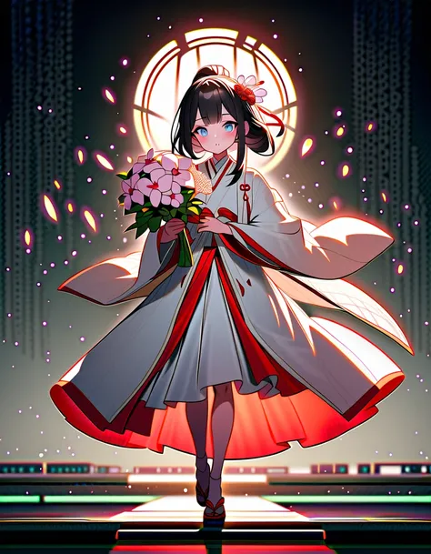 (absurdres, highres, ultra detailed, detailed face), 1girl,16yo,solo,(updo),red and white uchikake with a luxurious pattern,black hair,Moth orchid hair Accessorie,light blue eyes,mascara,holding Moth orchid bouquet one hand,looking at the hand holding the ...