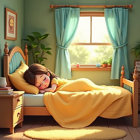 There is a cartoon girl sleeping on a bed with a blanket, By Cyril Rolando (Cyril Rolando) inspired digital painting, in polycount  ,  digital art, A quiet night. Digital Illustration, detailed 2d illustration, 2d illustration, 2d illustration, Fertility i...