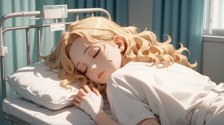 1 woman, blonde wavy hair,  hospital, sleeping with bandage on the whole face (dimly lit), wide view of the hospital room