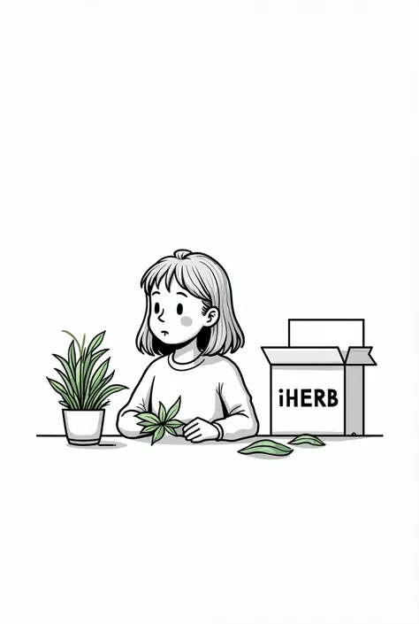 A minimalistic black and white illustration of a girl exploring green herb on her table. Right of her staying a box labeled "iHERB". The background is a simple room. The image is in the style of a Notion illustration, with extra thin lines and a focus on m...