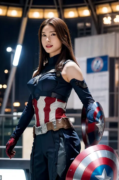 masterpiece,  1 girl, beautiful woman、marvel's captain america , delicate and delicate features,  american dream ,  holding a ro...