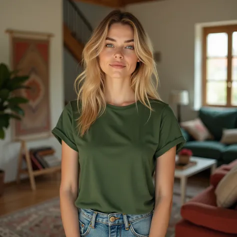 blonde woman in her 20s, no make-up, natural beauty, detailed skin, wearing a green bella canvas tshirt and blue jeans, mockup photography, boho apartment interior in the background