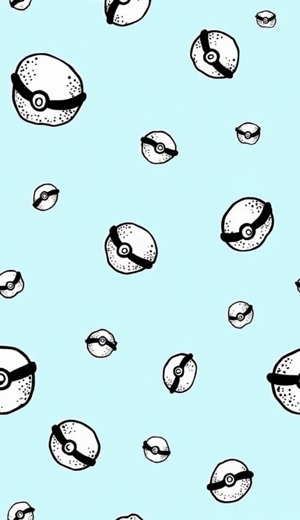 Create a seamless abstract pattern with a light blue background and bold black doodle-style illustrations of Pokéball from Pokémon-inspired designs. The pattern should evoke a modern feel while hinting at a classic, nostalgic touch. Arrange various simplif...