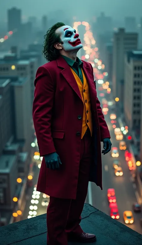 Photo of the Joker movie character, in his full red costume, frowning and looking at the sky, HD, standing on a tall building, at night, in a modern city and visible traffic below, very detailed, professional.