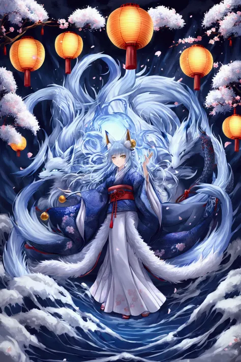 torii　Shrine maiden　Nine-Tailed Fox　fox Light blue hair 　beast girl　indigo fur　fox beast girl　fox Light blue hair 　beast girl　indigo fur　fox beast girl　Wallpaper 4k,8k,highly detailled,,vivid colors,detailed kitsune with 9 tails,traditional Japanese artwor...