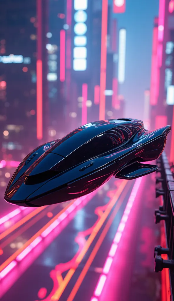 A jet-black blue futuristic autonomous vehicle flies through the sky, against a colorful fluorescent line art of a futuristic metropolis