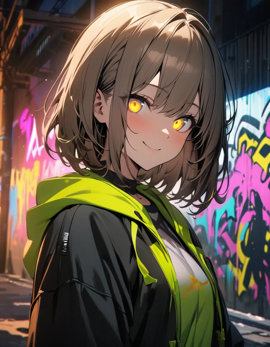 masterpiece, best quality, 8k, detailed background, masterpiece, best quality, smile,  t i ,  hoodie, portraiture, neon yellow, ...