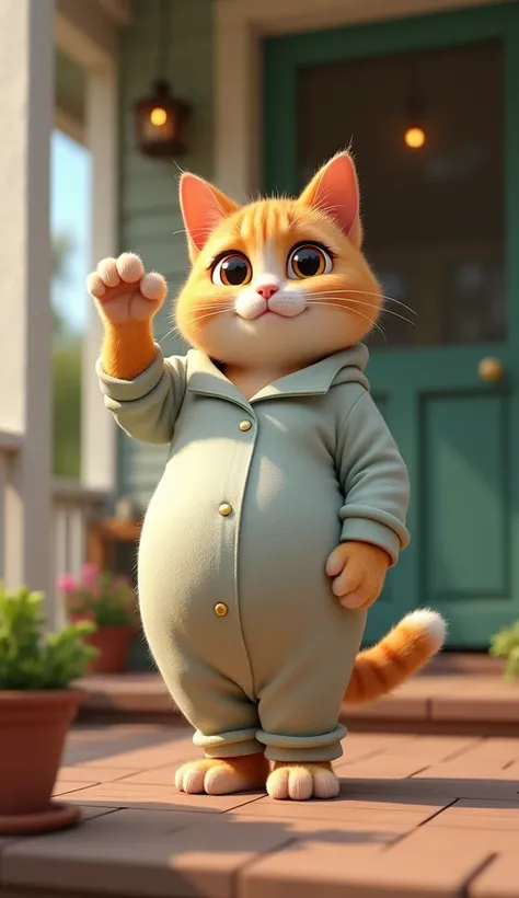 A female cat wearing pajamas, with a visibly large belly due to pregnancy, is waving her hand in front of the house porch.

