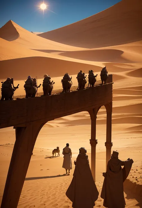 Row of wanderers, desert, lost paradise, camels, sun, science history, fantasy, best picture quality