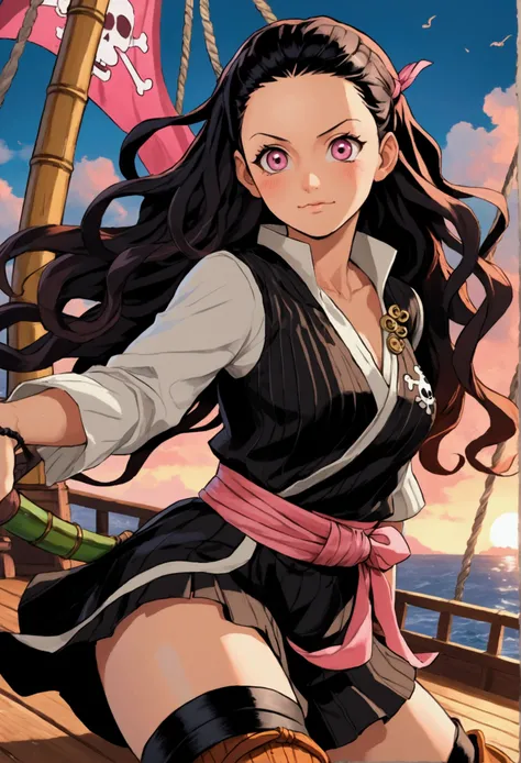 Create a highly detailed, cinematic image of Nezuko Kamado from Demon Slayer in the One Piece world. Reimagine Nezuko with a pirate-inspired outfit that fits the One Piece aesthetic, such as a tattered dress with nautical motifs and a bandana tied in her h...