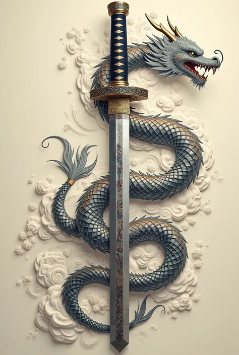 an illustration of a katana with an elegant and artistic dragon engraving along the length of the blade. The dragon is stylized with flowing lines, exaggerated curves, and intricate scales, almost like traditional Japanese ink artwork. The engraving shows ...