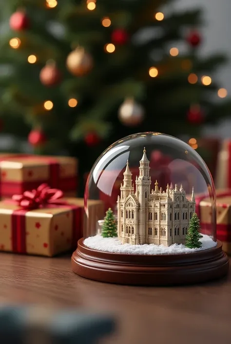 Detailed photorealistic image in the foreground of gifts under the Christmas tree along with a small memory of a snow dome with the Monastery of San Lorenzo de El Escorial inside it.
