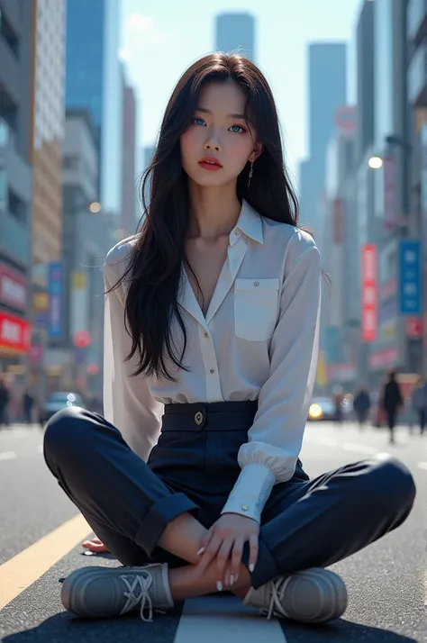 teen girl character is Sitting , with black hair, City background, Best Quality, HD, 8K Octane, blue Eyes, High Resolution, High Quality, Anatomically Correct, Korean girl, wearing Clothes Korean modern style