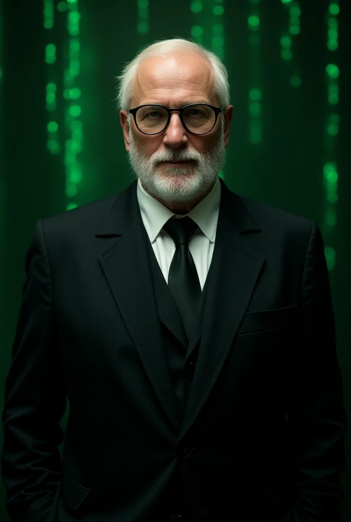 matrix movie architect, there is a man with a suit and tie, short white beard, Helmut Bakaitiss