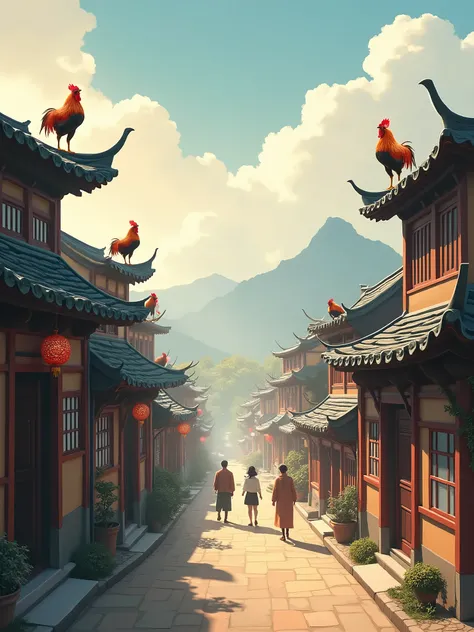  roosters cry early in the morning 、Clear and bright 、 through the sky 、 thousands of households open their doors and windows、 to welcome the new day 。Chinese style realism