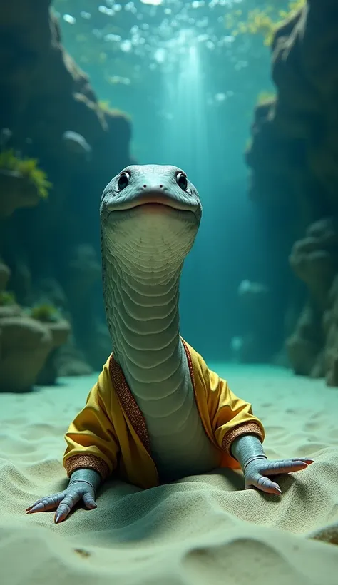 (Masterpiece, high quality, high definition, 4K, 8k, detail）、 chin eel in a large aquarium 、 showing its face 、 stretching out of the sand、 very humorous 、 high tank space （High water surface ：1.2）、 realistic wearing kurta、（フォト realistic wearing kurta：1.37...