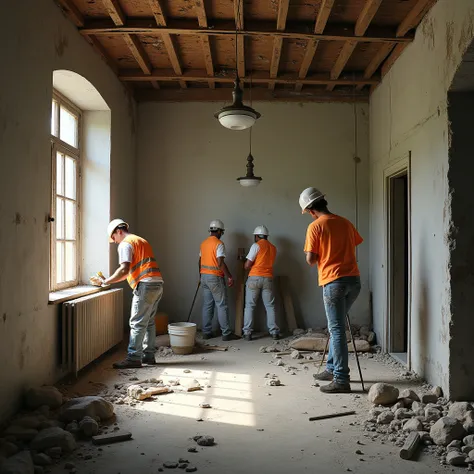 construction work is going on in an old house and some workers are working, realstic 4k ultra HD image