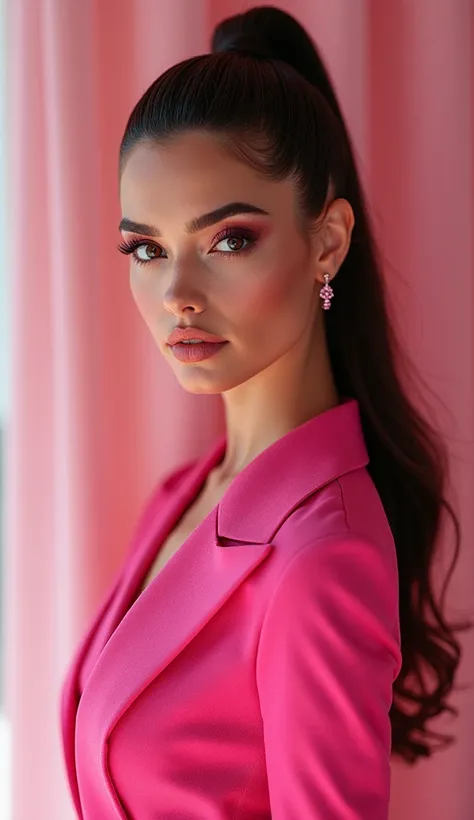 América González, a Venezuelan model, is transformed into a glamorous Barbie doll in this cinematic-style photograph. Captured in Full HD and 8K resolution, she exudes a modern, doll-like elegance with a bold pink Barbie-inspired outfit and flawless makeup...