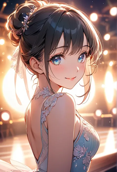 Upper body close-up（((masterpiece), on)"""Anime-style illustration of a beautiful ballerina, focus on facial expression, emotionally expressive and delicate features, graceful and dreamy eyes, gentle smile, skin illuminated with soft light, wearing classic...