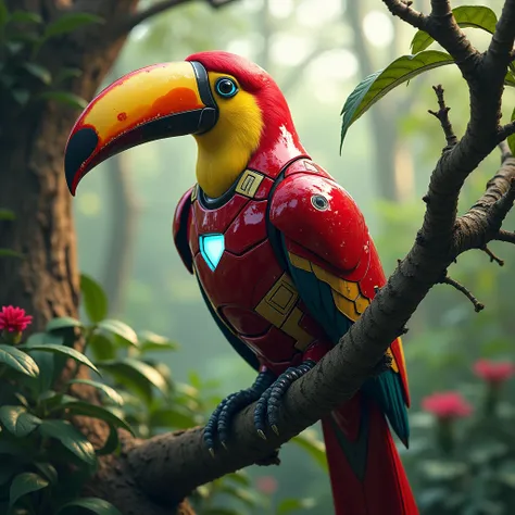 Create a realistic image. On a tree. Make a toucan. The toucan comes complete with ironmans iconic dress 