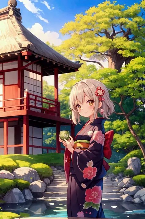  girl、 Japanese Style Teahouse Outfit 、kimono、Teahouse Building 、 Thatched Roof Building、Drinking matcha tea、tea sweets、smile