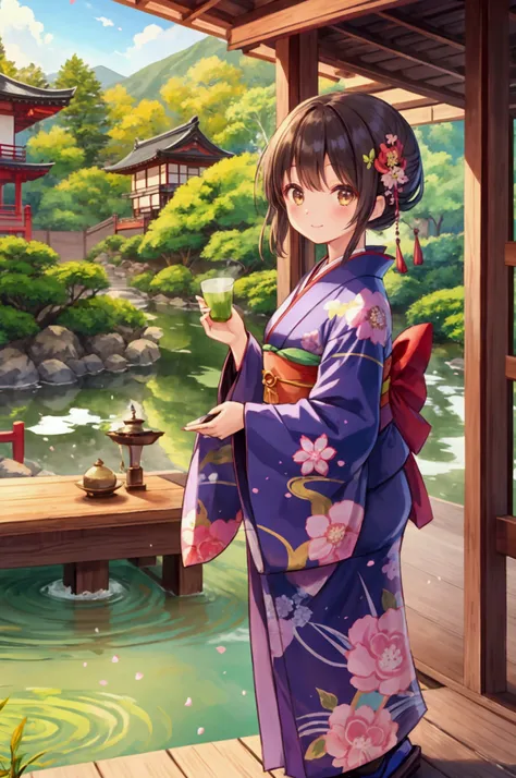  girl、 Japanese Style Teahouse Outfit 、kimono、Teahouse Building 、 Thatched Roof Building、Drinking matcha tea、tea sweets、smile