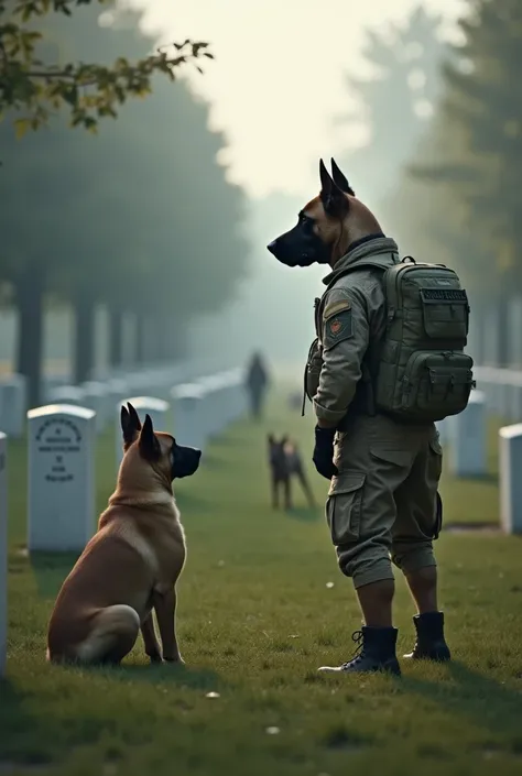 A military cemetery with A K9 dog in combat ready uniform, looking at his handlers military tombstone, soft surreal background of military stoneswith ghost like images of  dogs looking at  tombstones also