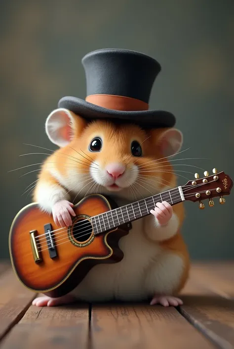 (photorealism:1.2), hamster with magician hat on head,playing guitar like a profesional guitar