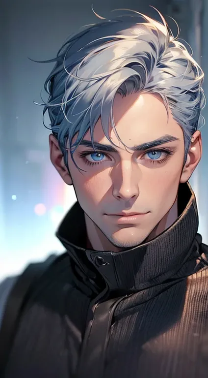 (best quality,4k,8k,highres,masterpiece:1.2),ultra-detailed,(realistic,photorealistic,photo-realistic:1.37),1 man,31 years old,mature man,very handsome,without expression,smile,short grey blue hair,blue eyes,penetrating gaze,perfect face without errors,imp...