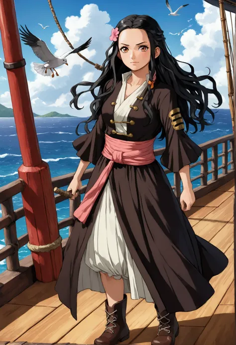 Create a cinematic image of Nezuko Kamado standing on the deck of a One Piece pirate ship, with her bamboo muzzle intact and a determined look in her eyes. She wears a pirate-inspired outfit with a flowing sash, boots, and a nautical-themed dress. The ocea...