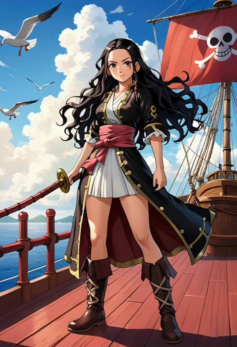 Create a cinematic image of Nezuko Kamado standing on the deck of a One Piece pirate ship, with her bamboo muzzle intact and a determined look in her eyes. She wears a pirate-inspired outfit with a flowing sash, boots, and a nautical-themed dress. The ocea...