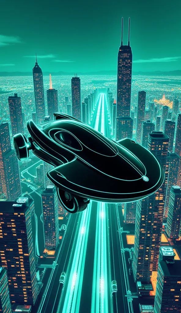 A jet-black glossy blue futuristic autonomous vehicle flies through the sky, against a colorful fluorescent green and blue line art of a futuristic metropolis