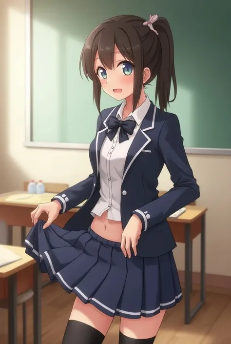 Cute anime female girl in school uniform lifting up her skirt to show her naked pussy in a classroom 