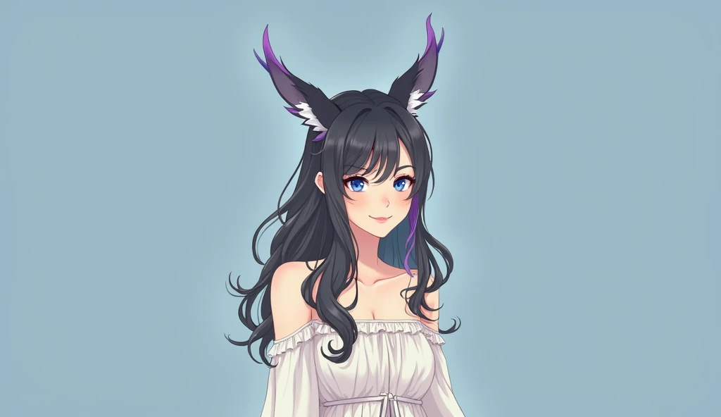 Black Hair, Blue eyes, Smile, Jewelry, Best Quality, Purple Hair, Animal Ears, 