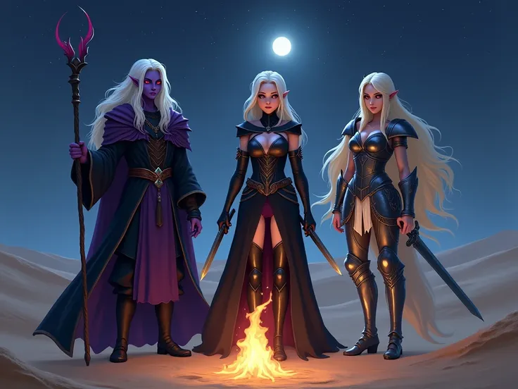 image: A desert at night with a fire ][left:]*  Drow is a male magician with dark purple skin ,  white long hair and red eyes.  He is wearing black and purple clothes and holding a staff .[in the center:]* Drow is a female assassin with dark purple skin, s...