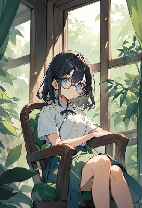 A girl ((solo)) ((17-years)). She has a short black hair and blue eyes. Shes using round goggles. Shes wearing a white shirt and blue short ahorts. Shes sitting in a chair and theres a forest in the window behind, with green curtains.