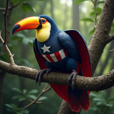 Create a realistic image. On a tree. Make a toucan. The toucan comes complete with captain Americas iconic dress