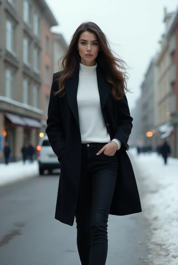  best quality :1.4), ( ultra high resolution :1.2), ( photorealistic :1.4), (8k, RAW photo:1.2), 1 woman.  white skin color .  Long dark brown hair .  Shes wearing black jeans .  Shes wearing a long sleeve white high-neck shirt.  Shes wearing a black coat ...