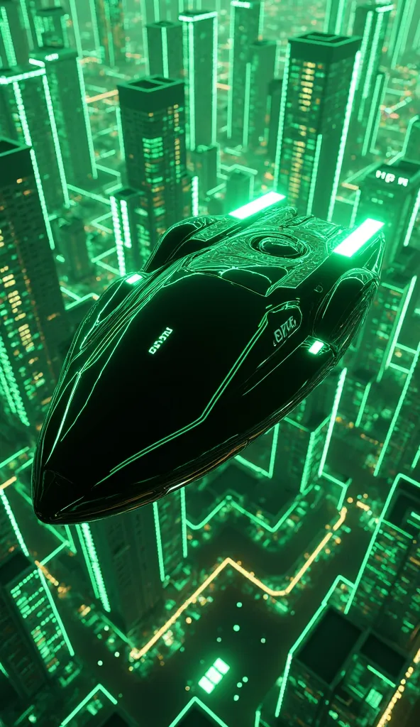 A jet-black glossy blue futuristic autonomous vehicle flies through the sky, against a colorful fluorescent green line art of a futuristic metropolis