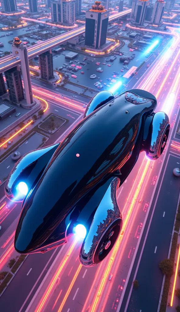 A jet-black glossy blue futuristic autonomous vehicle flies through the sky, against a colorful fluorescent line art of a futuristic metropolis