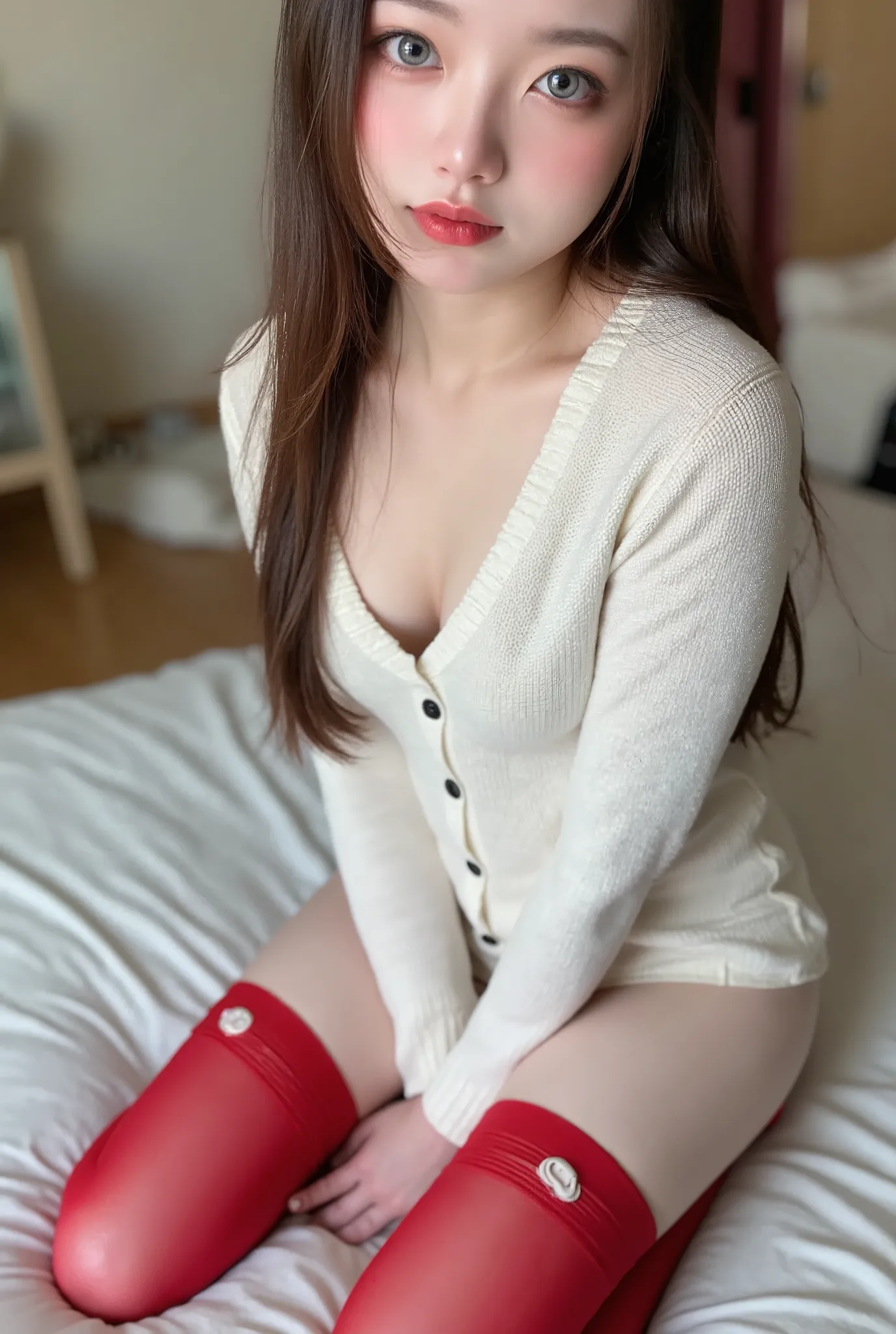 Best Quality、masterpiece、   one woman、shy:0.2、   insanely cute   、baby face、Beautiful grey eyes、Silky brown hair、   semi-long hair 、white long knit fabric   、   big size knitwear、   loose fitting knitwear   、long blade 、  small breasts、Shapely breasts、   H...